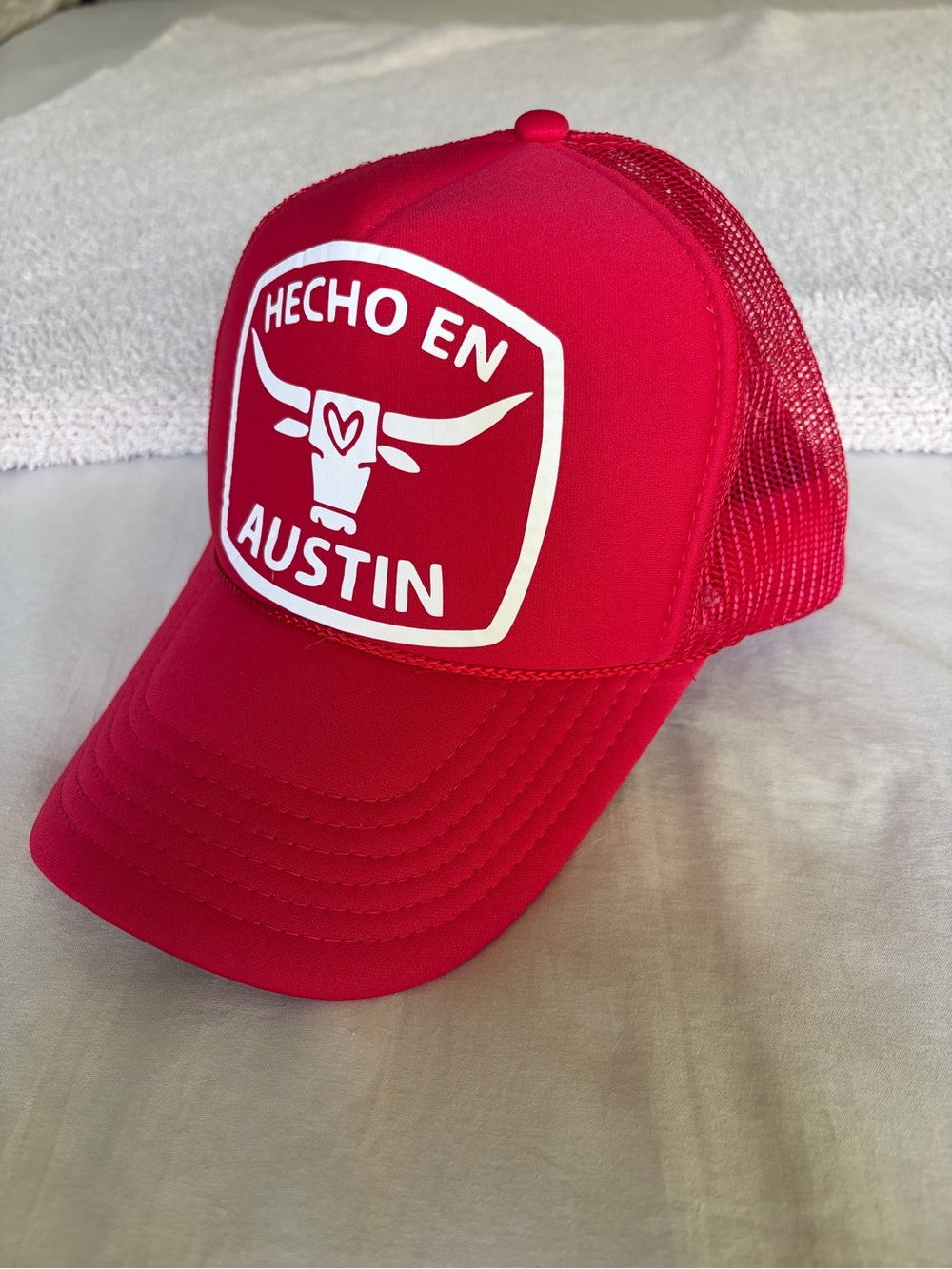House of Shan Made in Austin Trucker Hat Red Hecho En Austin Longhorn